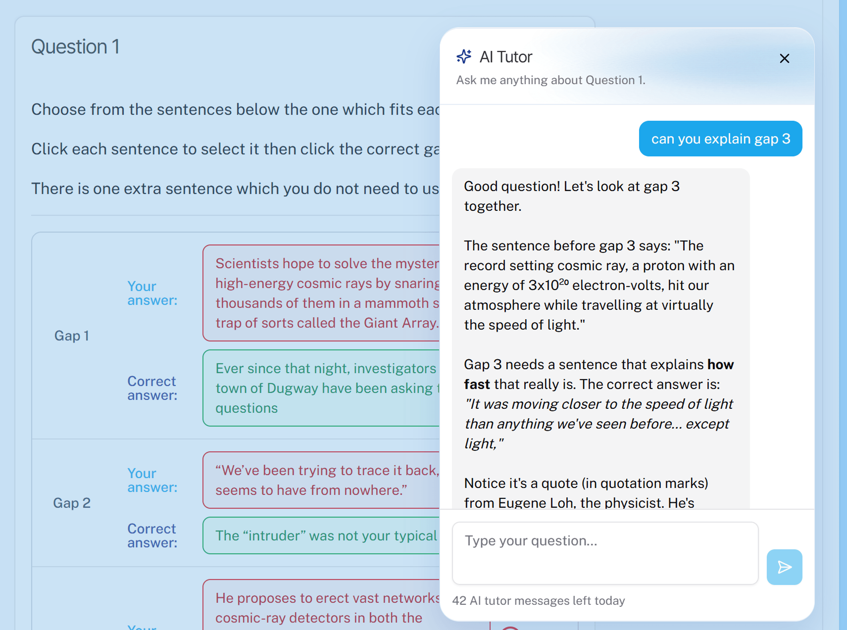 Screenshot of the AI tutor explaining a question on the results page