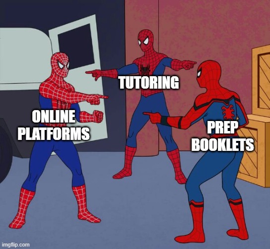 Spider-Man meme with three Spider-Men labelled online platforms, tutoring and prep booklets, each pointing at the others